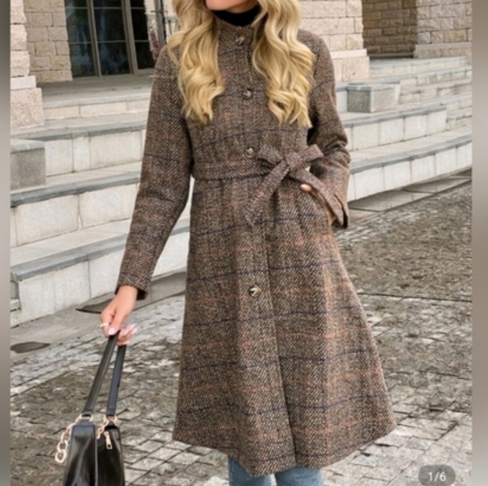 Stylish Plaid Belted Coat